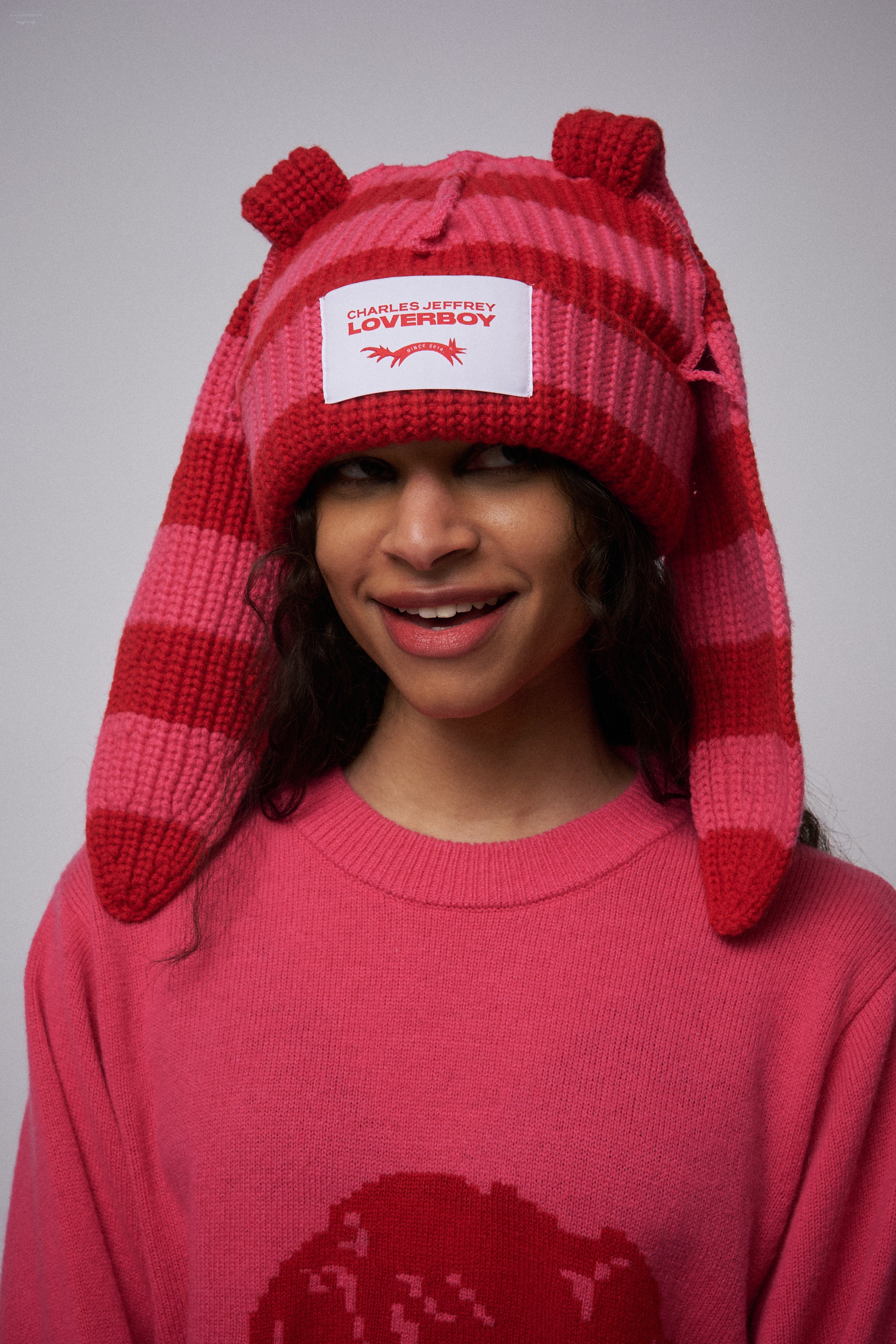 CHUNKY RABBIT BEANIE in RED PINK STRIPE - Image 2