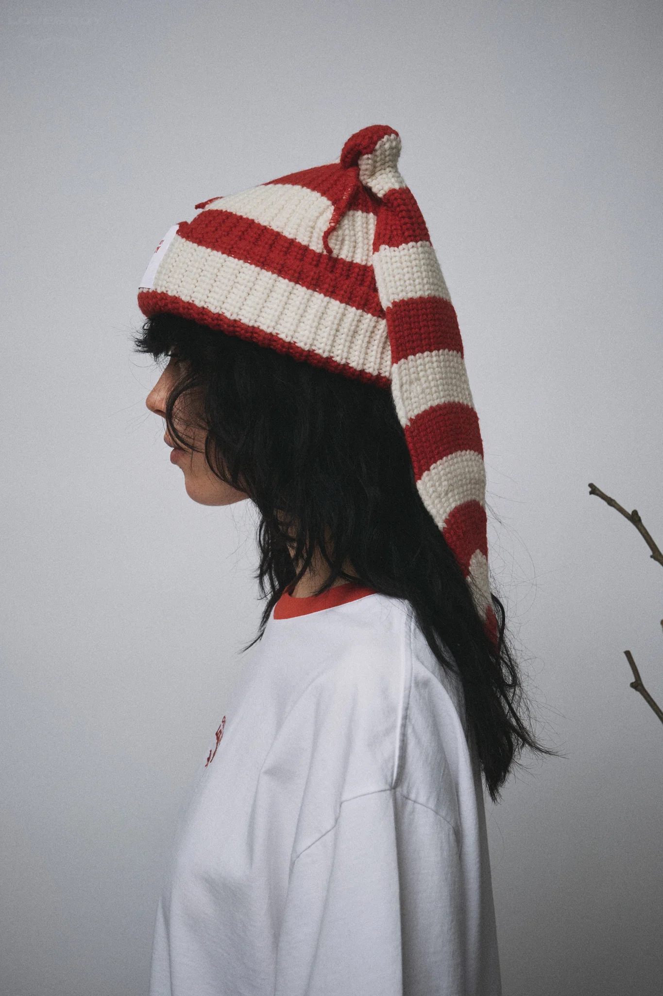 CHUNKY RABBIT BEANIE in RED WHITE STRIPE - Image 2